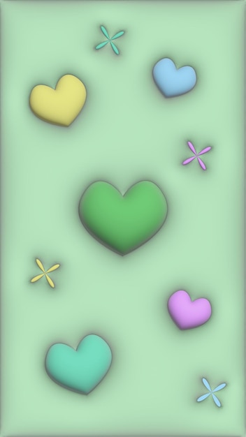 3d achtergrond voor mobiele telefoon met 3d hart en sterren Groene kleur verhalen instagram