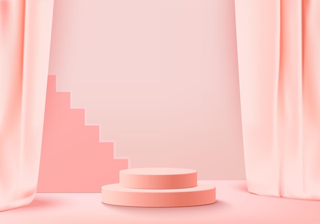3D-achtergrondproducten tonen podiumscène met geometrisch platform. achtergrond vector 3D-rendering met podium. stand om cosmetische producten te tonen. Toneelvitrine op voetstuk roze studio