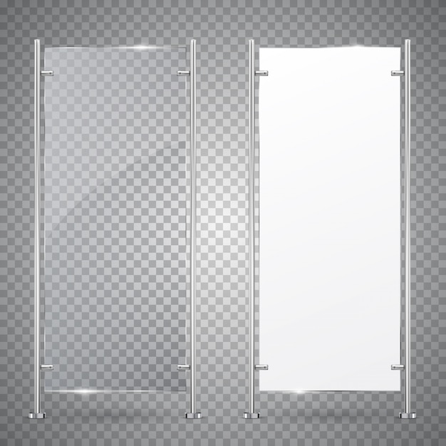 3d advertising vertical stand glass and blank white banner.