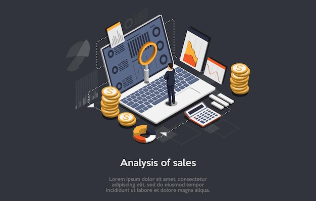 3D-afbeelding. Cartoon isometrisch ontwerp met Infographics. Verkoopanalyse Concept Art