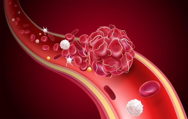 3D-afbeelding van een bloedstolsel in een bloedvat met een geblokkeerde bloedstroom met bloedplaatjes en witte bloedcellen in de afbeelding