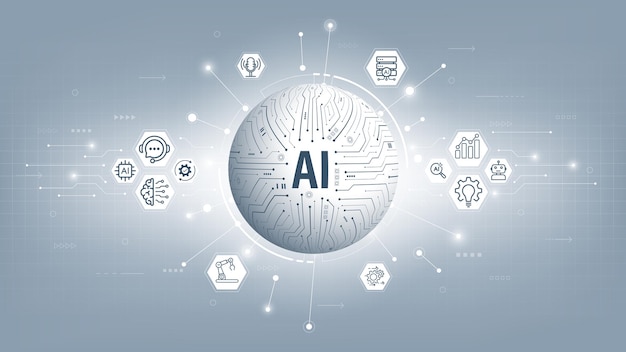 3D AI globe combined with circuit board pattern on hightech background Big data deep learning concepts in generative AI and robotic Future cybernetic artificial intelligence Vector illustration