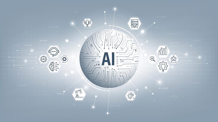 Vector 3d ai globe combined with circuit board pattern on hightech background big data deep learning concepts in generative ai and robotic future cybernetic artificial intelligence vector illustration