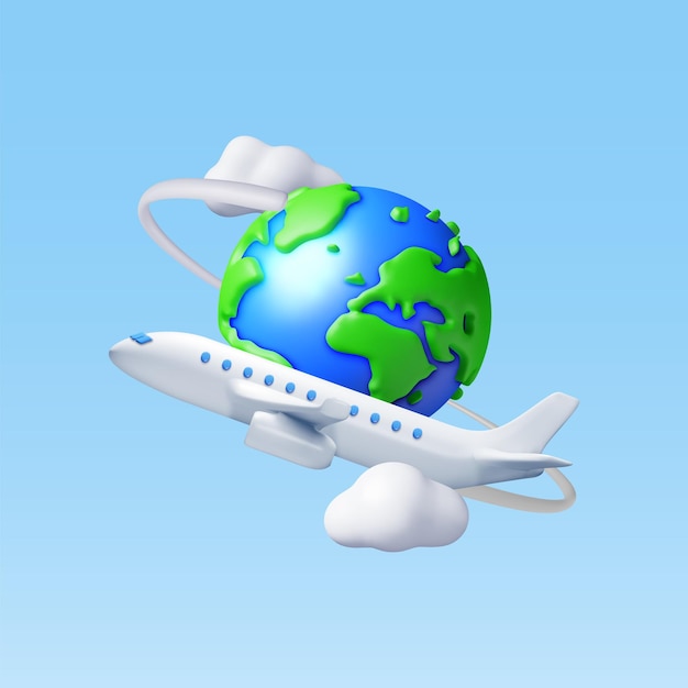 3D Airplane in Clouds and Globe Isolated