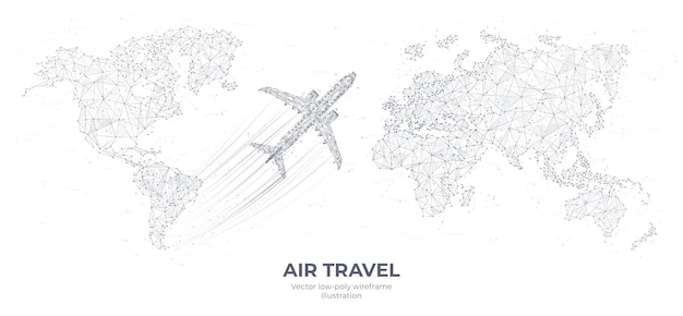 3d airplane flying over continents and ocean Abstract vector top view wireframe Black on white
