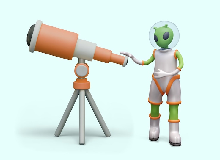 Vector 3d alien standing near telescope space observations latest technologies knowledge