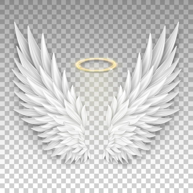 Vector 3d angel white wings and shiny nimbus.