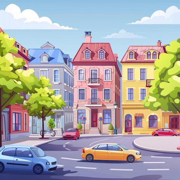 Vector 3d animation style free vector city scene with landscape car and building background