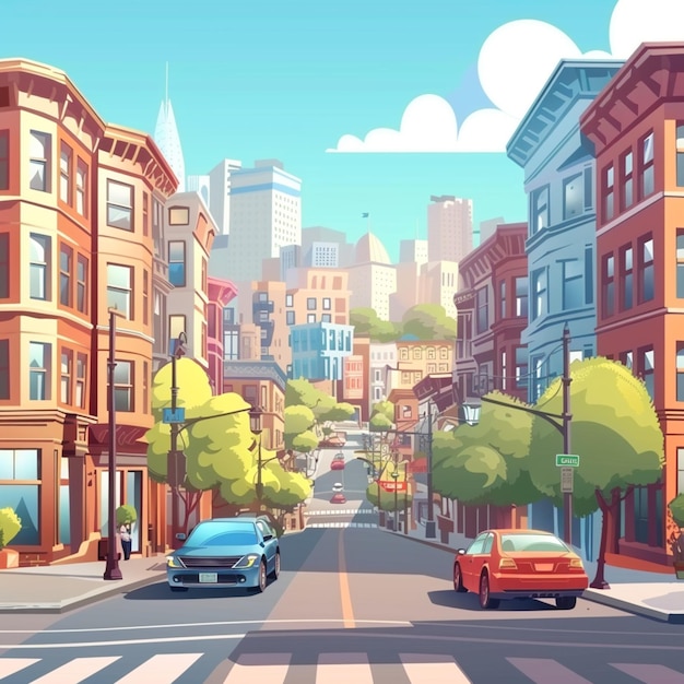 Vector 3d animation style free vector city scene with landscape car and building background