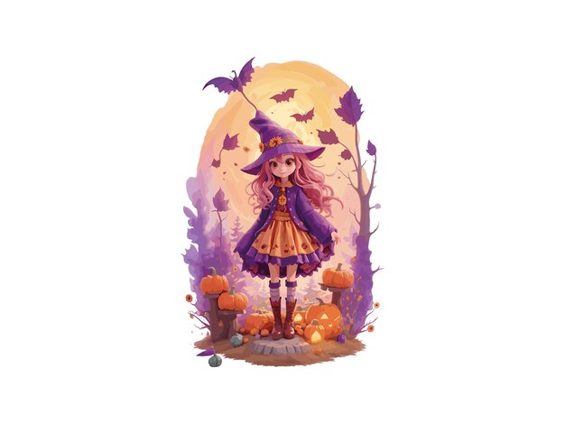 Vector 3d anime schattig heks meisje aquarel effect halloween concept png clipart