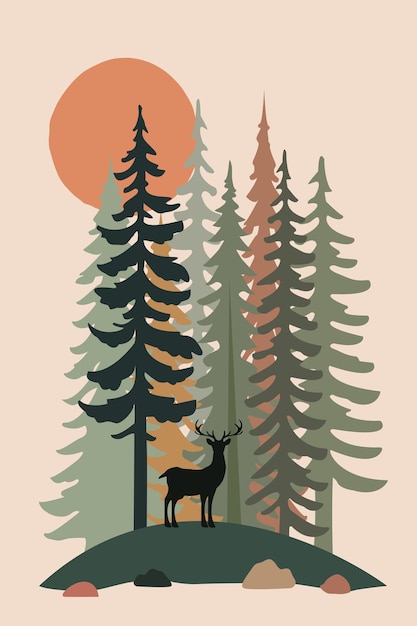 3d искусство настенная рамка иллюстрации обои пейзаж камни и зеленые рождественские лесные елки олень