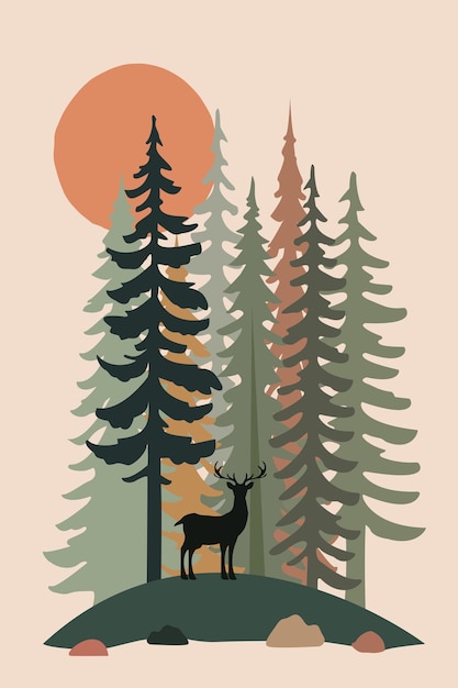 Vector 3d art wall frame illustration wallpaper landscape stones and green christmas forest trees deer