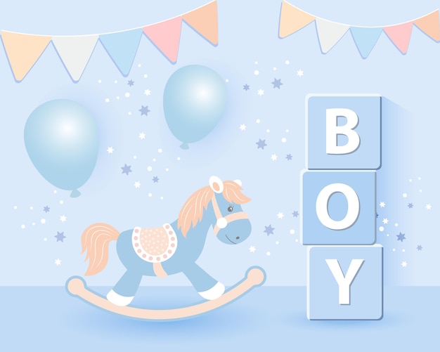 3d baby shower for boys children's toys rocking horse and balloons in pastel colors