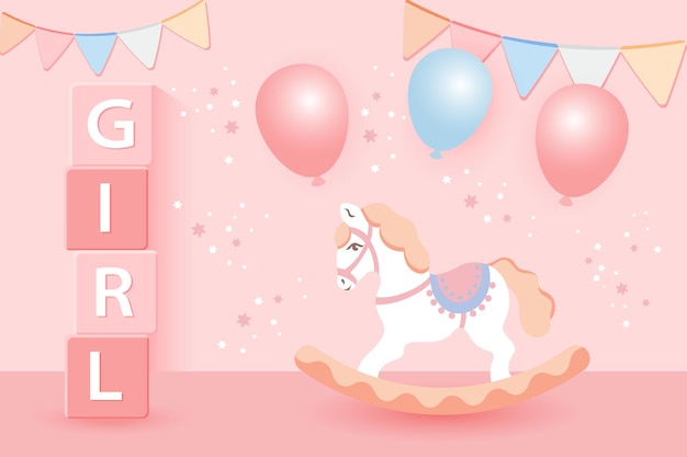 3D baby shower for girls Children's toys rocking horse and balloons in pastel colors