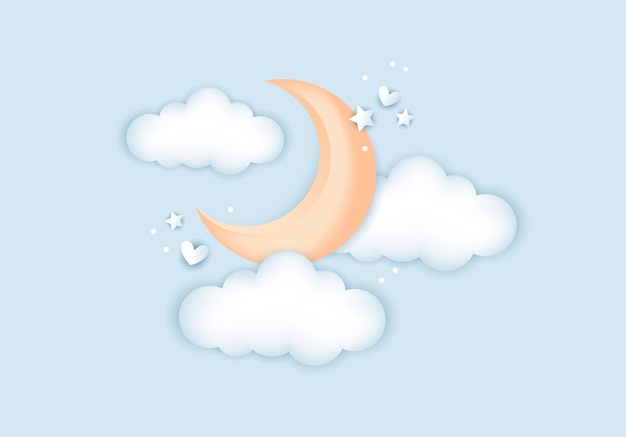 Vettore 3d baby shower luna con nuvole per bambini design in colori pastello