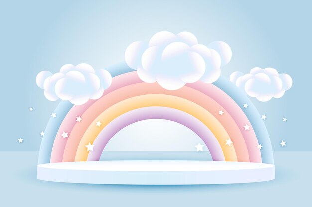 3d baby shower rainbow with clouds and a podium on a pale blue background with stars