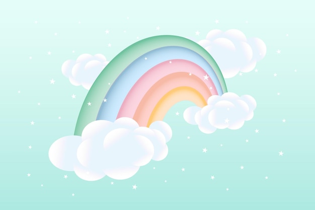 3d baby shower rainbow with clouds and stars on a light turquoise background childish design