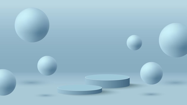 3D 배경 파란색 포디움 제품 디스플레이와 반사 구 공
