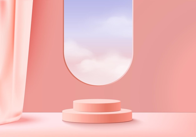 3d background products display podium scene with cloud sky geometric platform. background vector 3d rendering with podium. stand to show cosmetic product. Stage showcase on pedestal display pink cloud