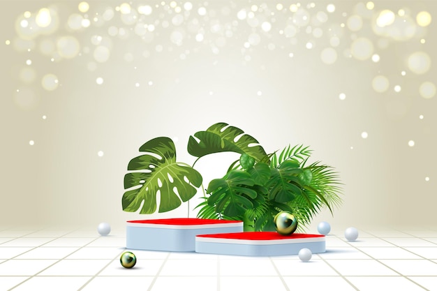 3d background products display a podium scene with green leaves