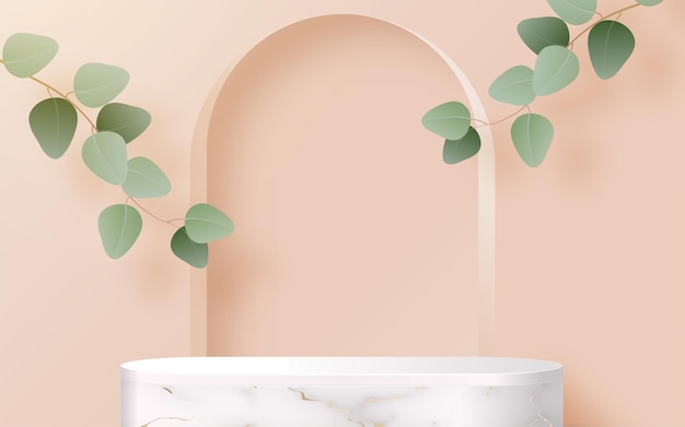 3d background products marble podium with eucalyptus leaves in love platform. background vector 3d with cylinder. podium stand to show cosmetic product with craft style.