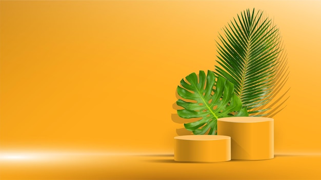 3d background products minimal podium of fresh orange color with tropical leaf stand to show