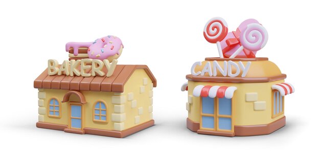 Vettore panetteria 3d e negozio di dolci concept di pasticceria set di edifici vettoriali in stile cartone animato