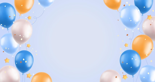3d ballonnen achtergrond realistische blauwe en gele lucht ballonnen sterren en confetti op blauwe achtergrond