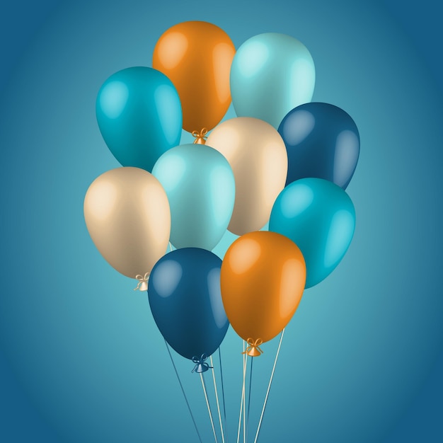 Vector 3d ballonnen. set van blauwe, oranje realistische ballonnen met linten op blauwe achtergrond. affiche, spandoek,