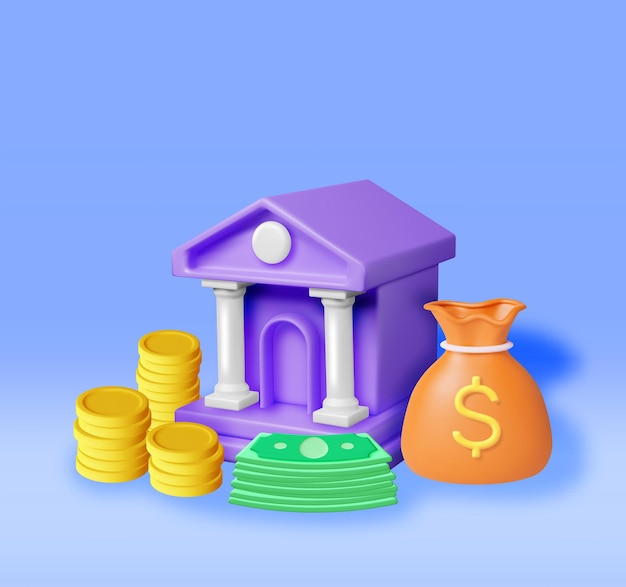 3d bank building and cash money