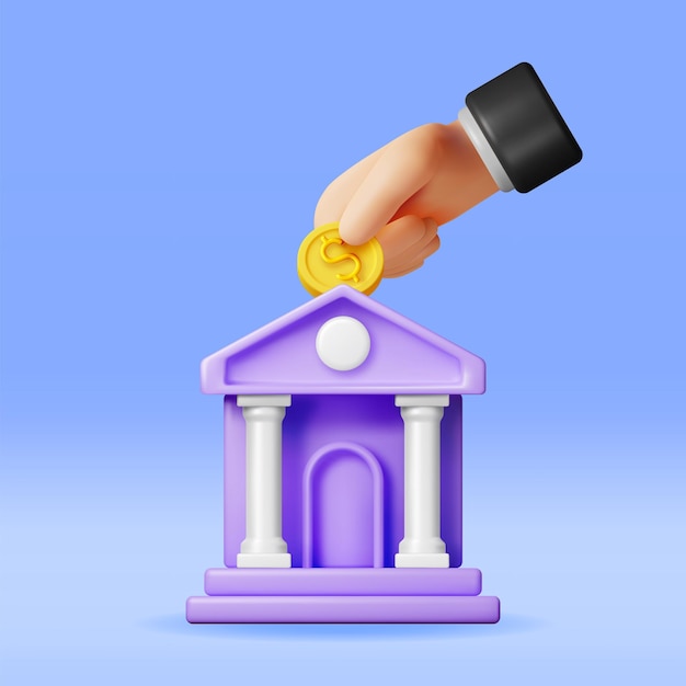 3D Bank Building and Hand with Coin