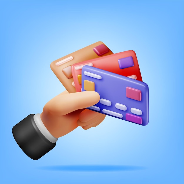 손에 있는 3d 은행 카드는 칩 아이콘 비즈니스 금융 온라인 쇼핑 및 뱅킹 개념이 있는 신용 카드를 렌더링합니다. 무현금 지불 금융 거래 돈 전송 벡터 그림