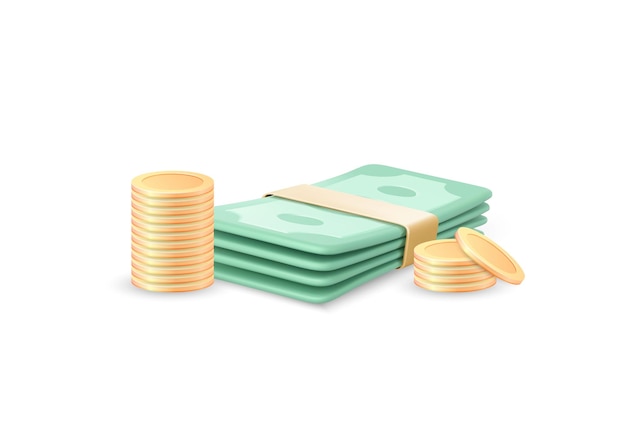 3D banknotes and coins, money finance, investment, vector illustrations.