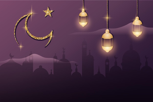 3d banner for celebration Holy Month of Muslim Community Religion concept Islamic mosque silhouette with gold moon lantern Eid mubarak greeting card Vector illustration in realistic style