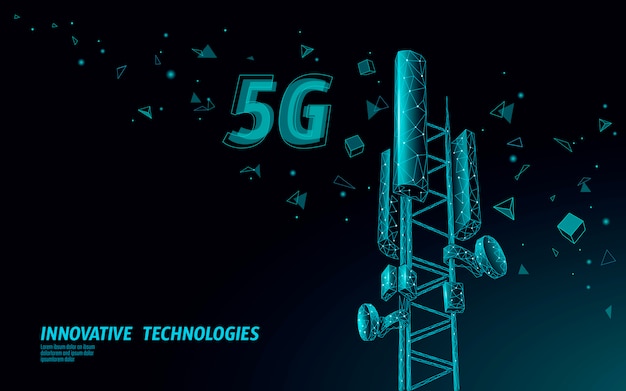 Vettore ricevitore 3d della stazione base. trasmettitore di informazioni di collegamento globale di progettazione poligonale della torre 5g di telecomunicazione. illustrazione cellulare dell'antenna radiofonica mobile