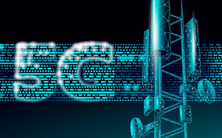 Vector 3d base station receiver telecommunication tower 5g polygonal design global connection information