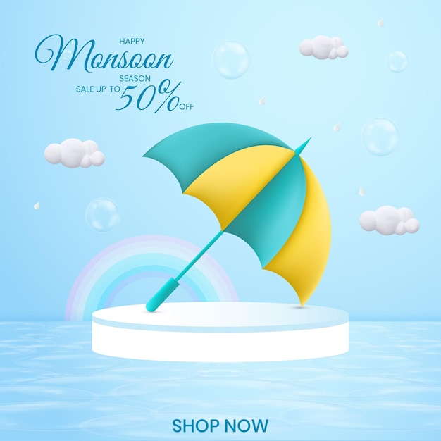 3D beautiful creative umbrella with podium for product placement with Monsoon season background clouds and rainbow