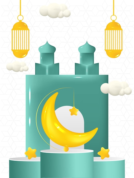 3D beautiful islamic festival celebration design template golden lantern crescent moon and blue mosque in clouds