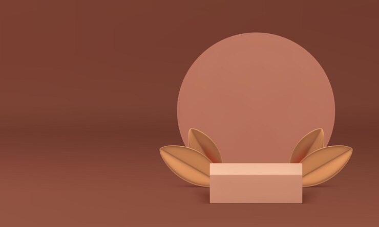 Vector 3d beige squared podium with golden leaves for product show realistic vector illustration