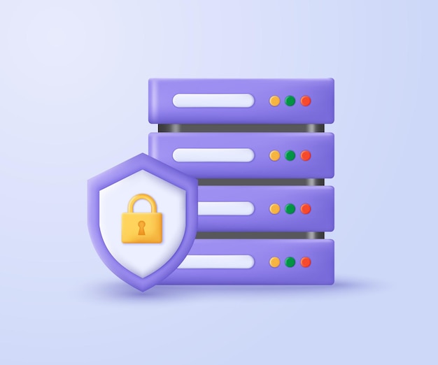 3D beveiligde server icoon Server met slot op het schild Minimalistisch 3D-ontwerp van Data Center en gegevensbescherming 3D-concept van Cybersecurity technologie vector illustratie
