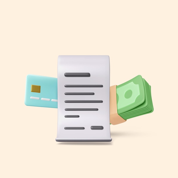 Vector 3d bill credit card and stack of paper green dollars render of realistic cartoon business icons