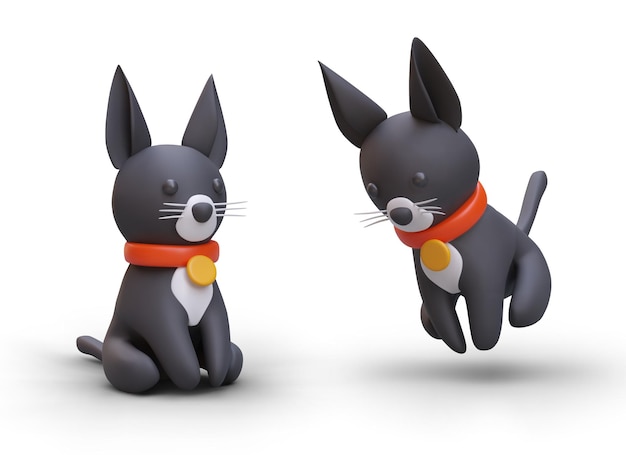 3D black cat with red collar Funny black kitten in cartoon style