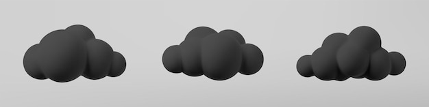 3d black clouds set isolated on a grey background. Render soft cartoon fluffy black clouds icon, dark dust or smoke. 3d geometric shapes vector illustration