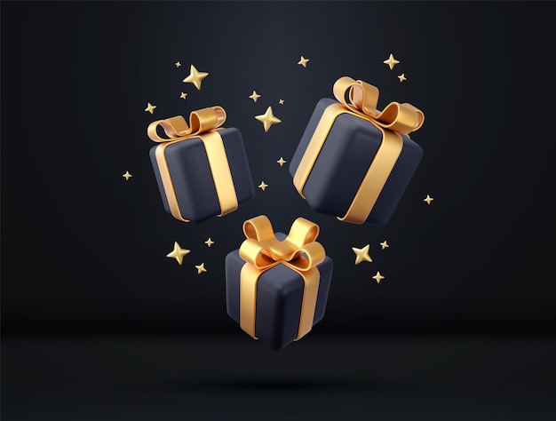 3d black gift boxes with golden ribbon and bow Birthday celebration concept Merry New Year and Merry Christmas black gift boxes with golden bows 3d rendering Vector illustration