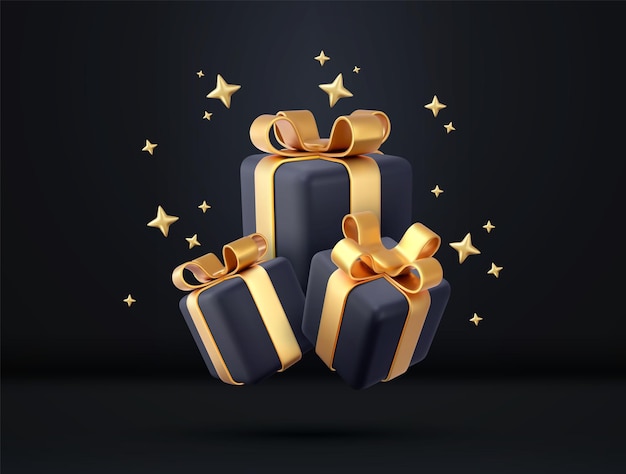 3d black gift boxes with golden ribbon and bow Birthday celebration concept Merry New Year and Merry Christmas black gift boxes with golden bows 3d rendering Vector illustration