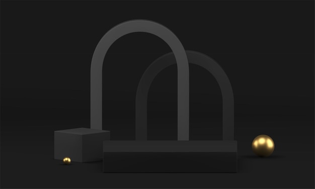 3d black podium pedestal with golden geometric shapes realistic vector illustration