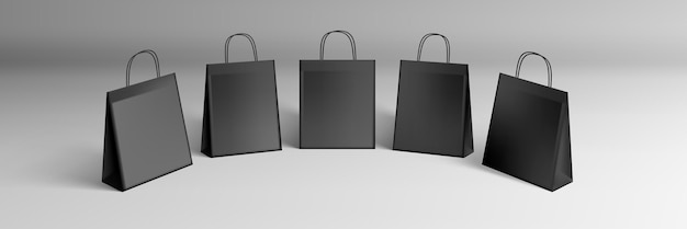 3D черные бумажные пакеты для покупок, изолированные на белом фоне