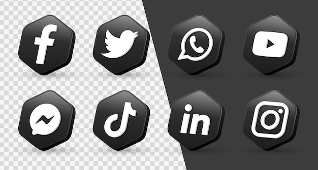 Vector 3d black social media icons logos in modern hexagon frame facebook instagram youtube networking icon