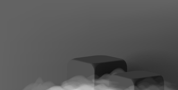 Vector 3d black square cubes empty pedestal with clouds or fog product scene showcase