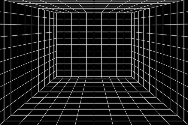 3d black and white digital grid of room space with two point perspective